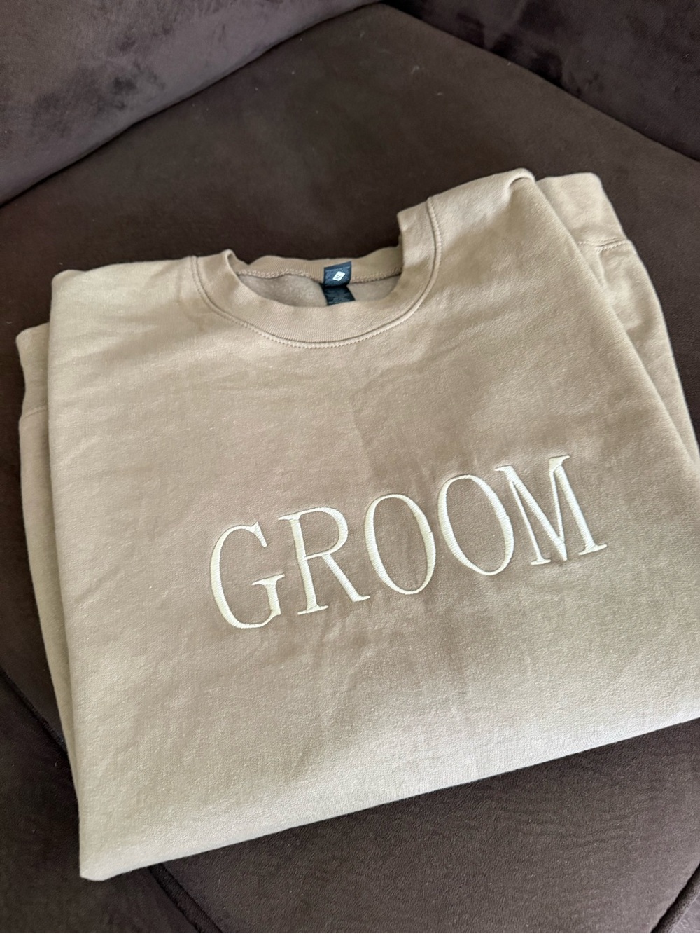 Gildan Taupe Crewneck Sweatshirt with White "GROOM" Embroidery